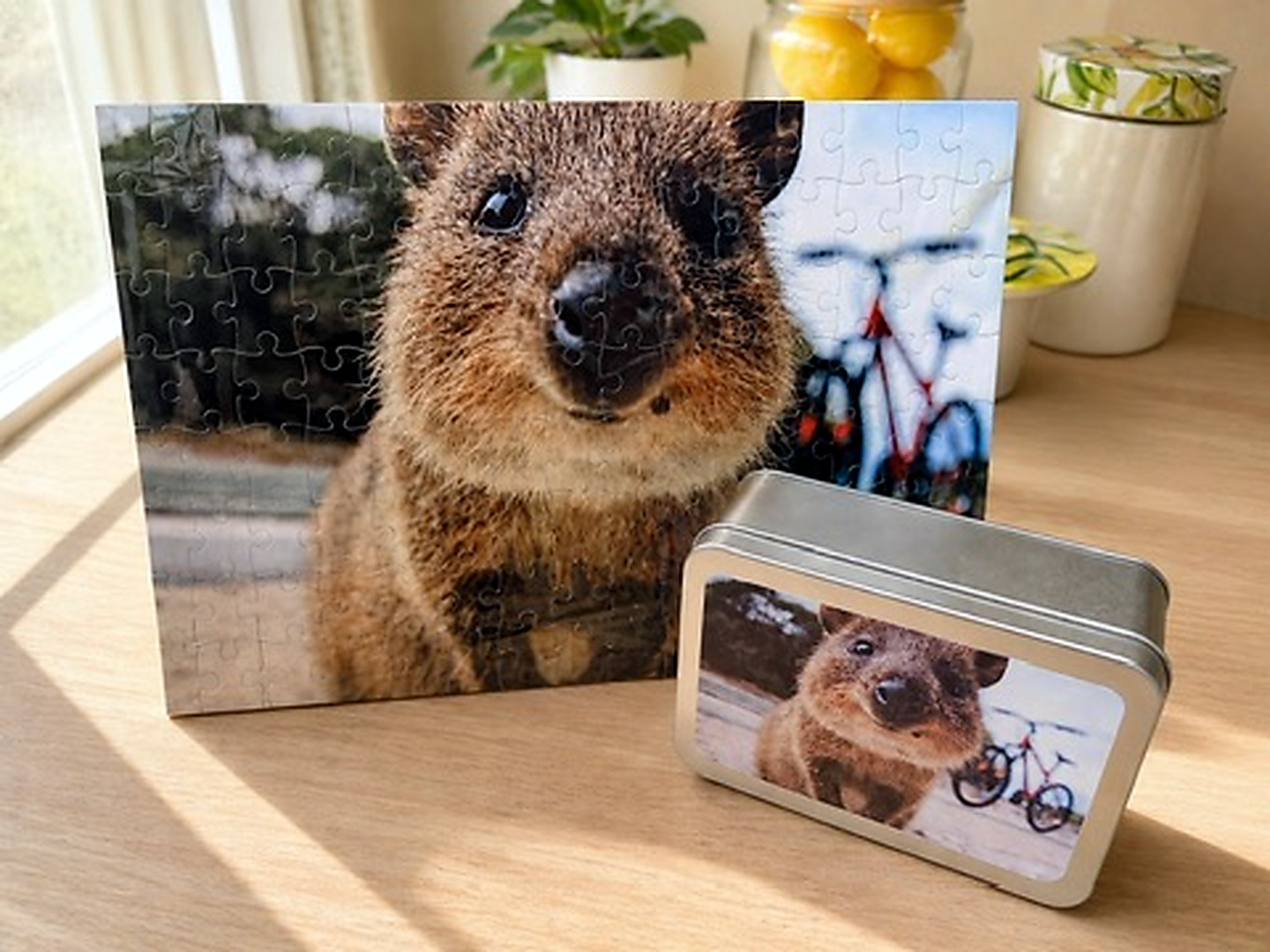 finished 120 piece wildlife photo puzzle with matching storage tin