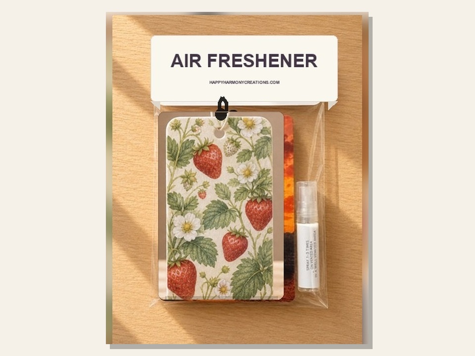 rectangular air freshener with strawberry garden artwork