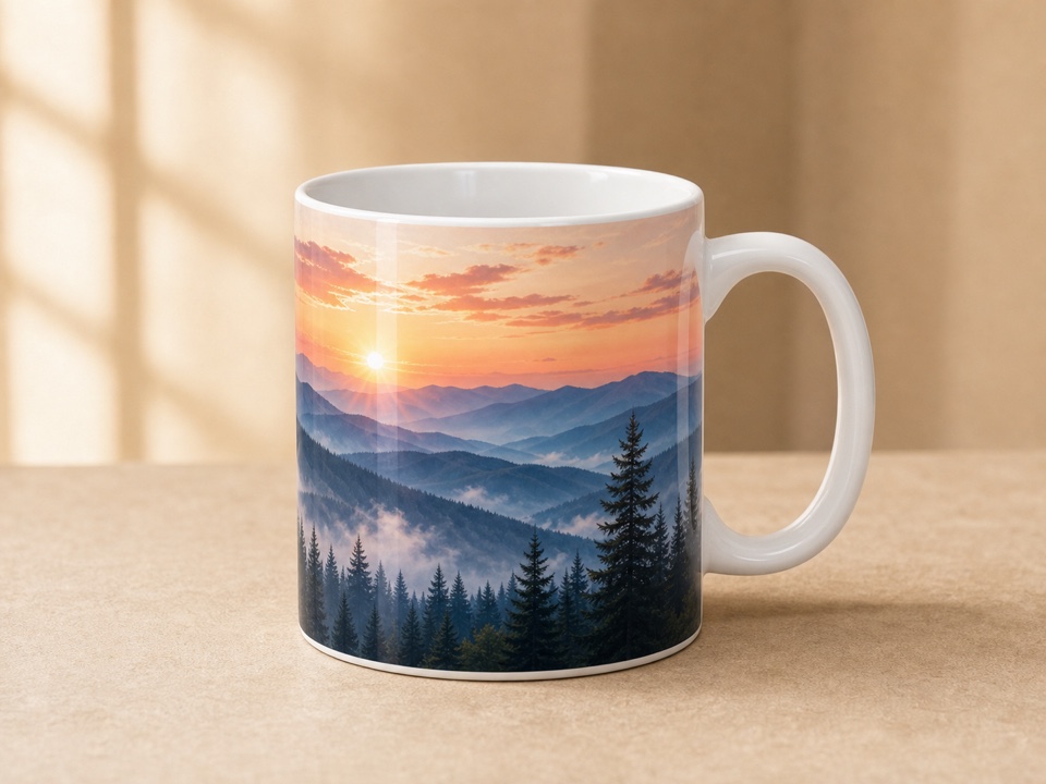 ceramic mug with mountain sunrise print