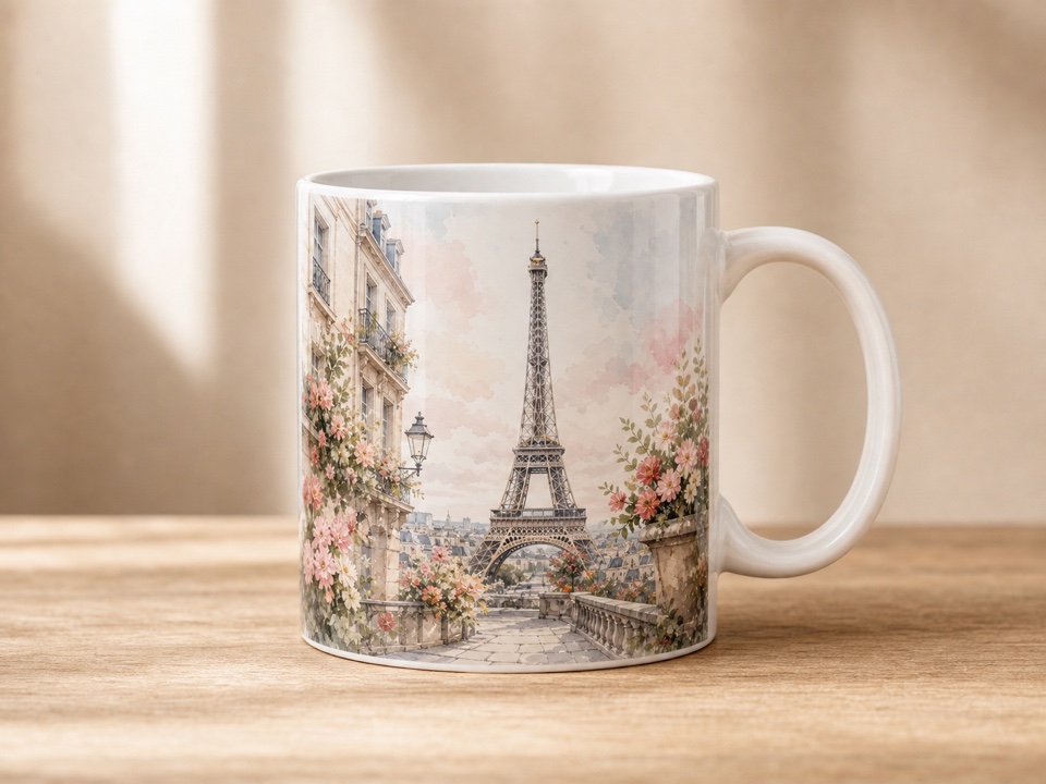 ceramic mug with Paris watercolor print