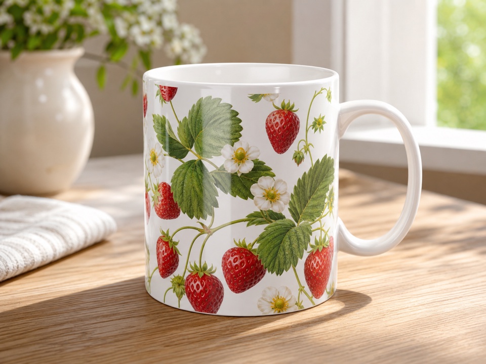 ceramic mug with strawberry garden print