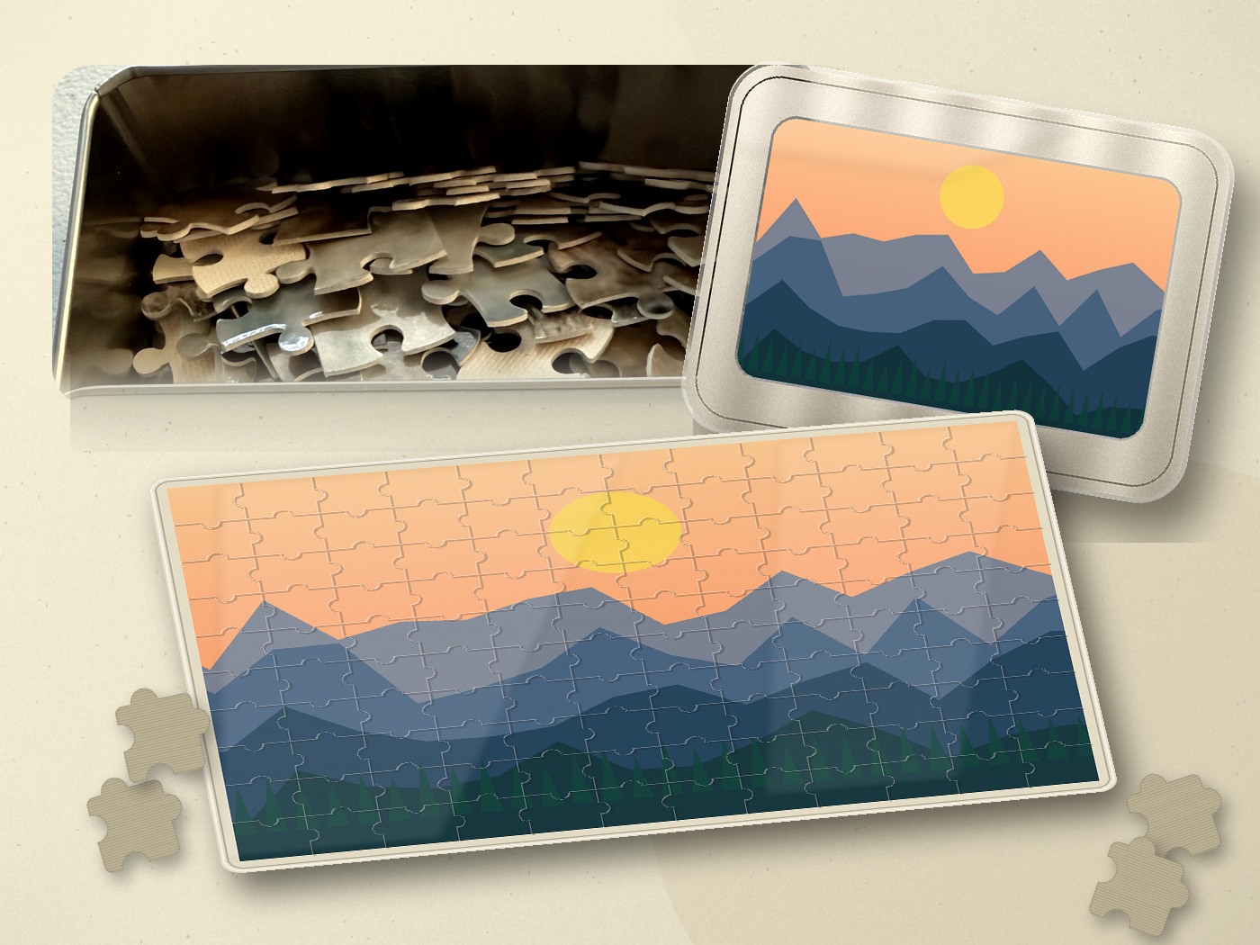 120 piece puzzle with mountain sunrise artwork and matching box