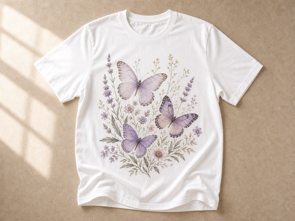 T-shirt with butterfly botanical artwork