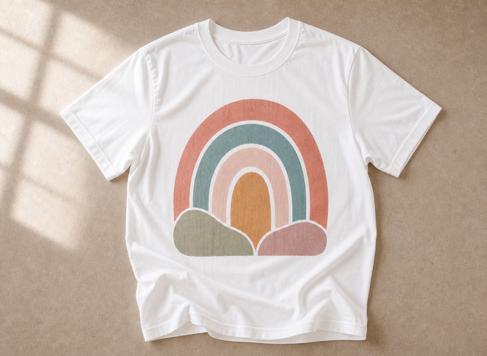 T-shirt with muted rainbow artwork