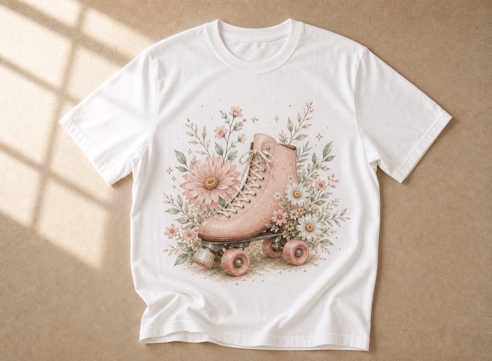 T-shirt with roller skate floral artwork