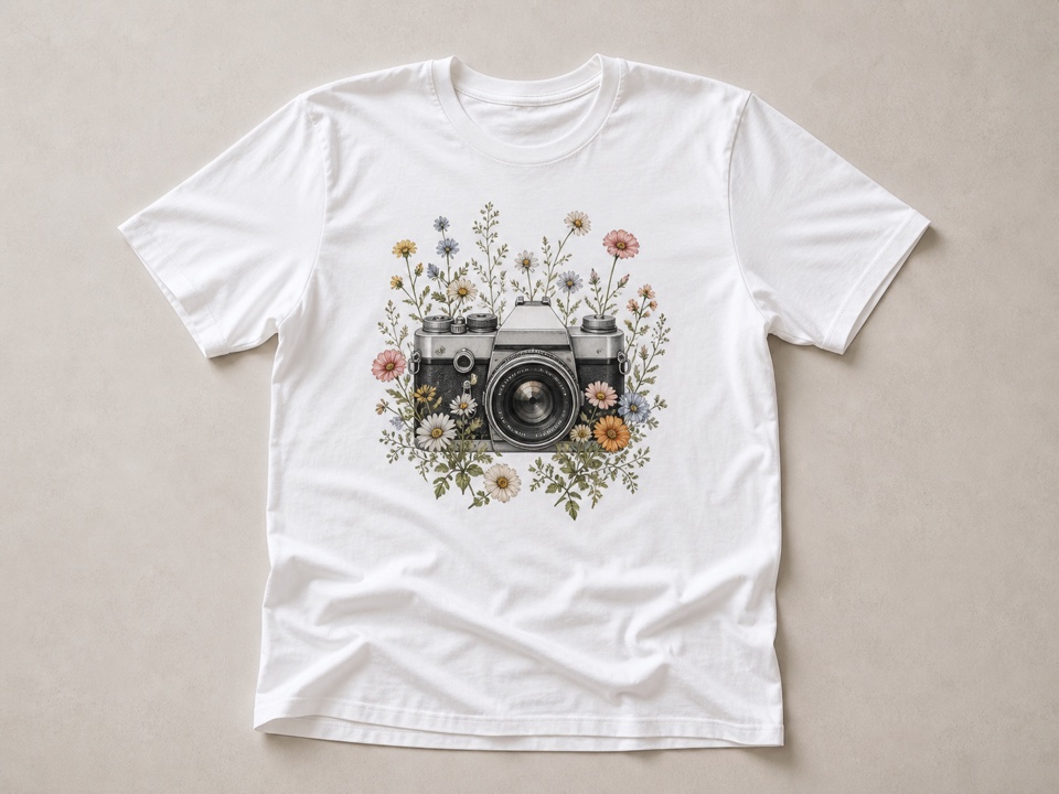 T-shirt with vintage camera floral front graphic