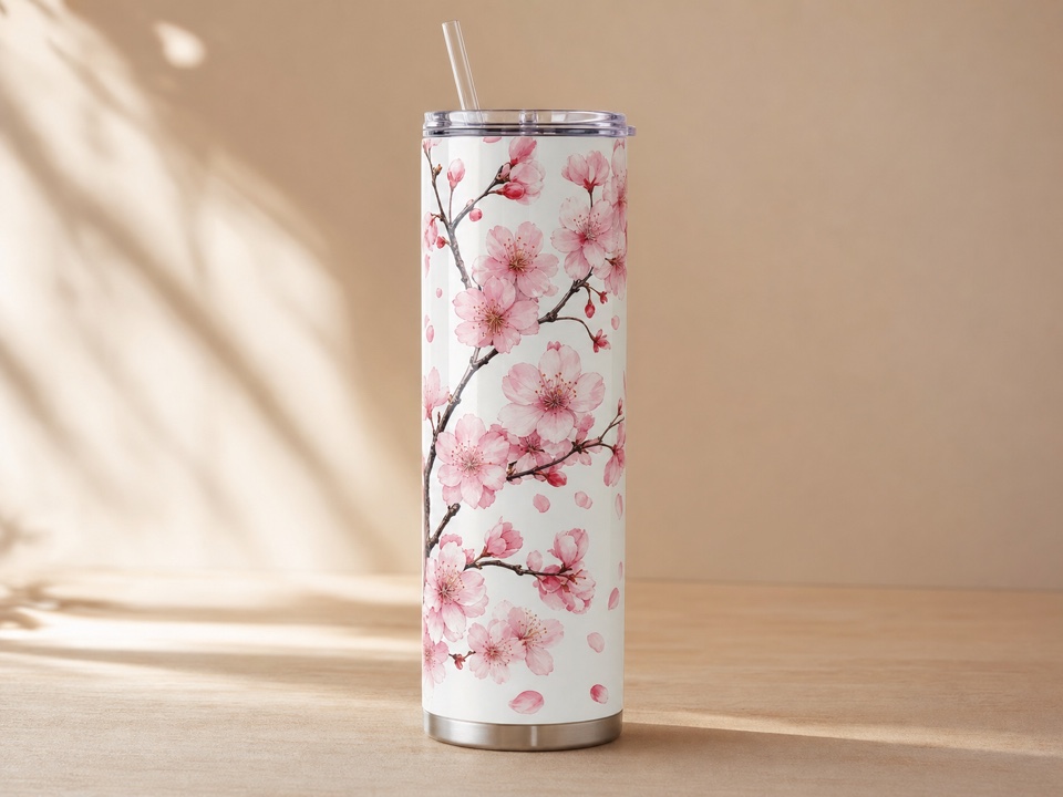 tumbler with cherry blossom full-wrap design