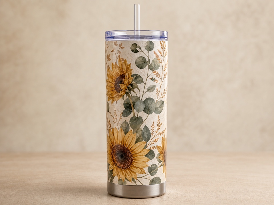 tumbler with sunflower botanical wrap