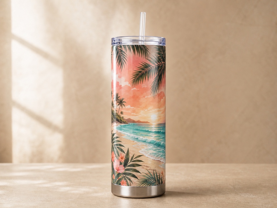 tumbler with tropical palm wrap