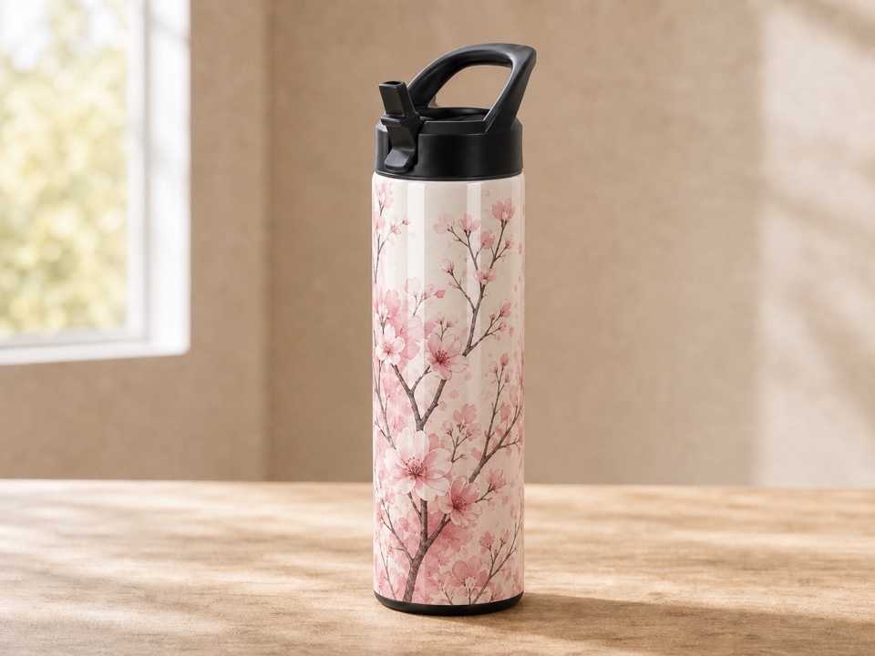 20 oz straight water bottle with cherry blossom wrap