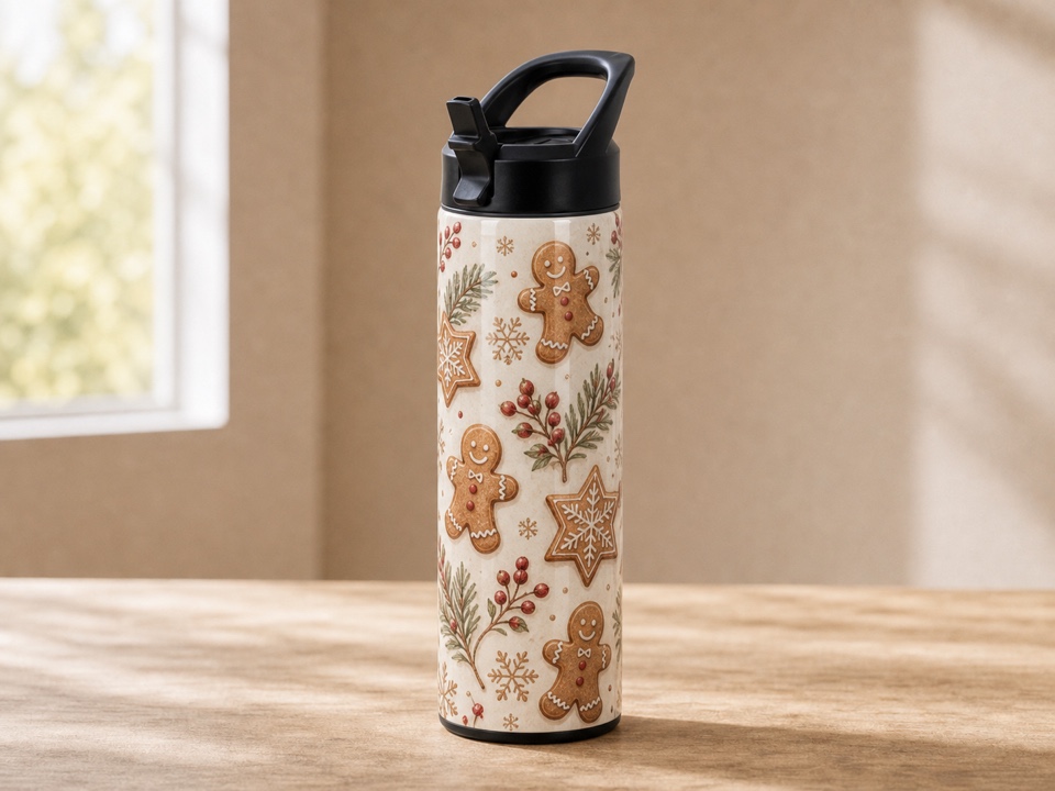 20 oz straight water bottle with holiday gingerbread wrap