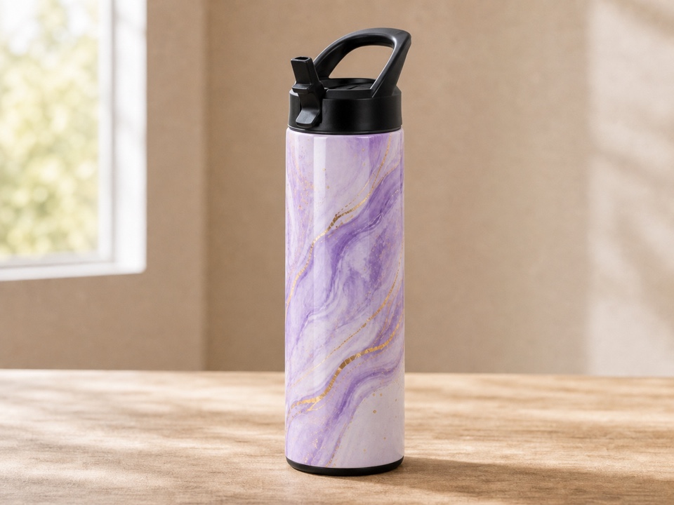 20 oz straight water bottle with lavender marble wrap