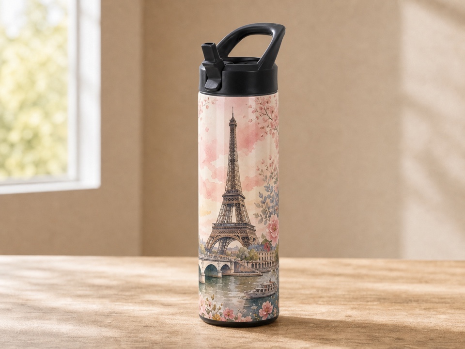 20 oz straight water bottle with Paris watercolor wrap
