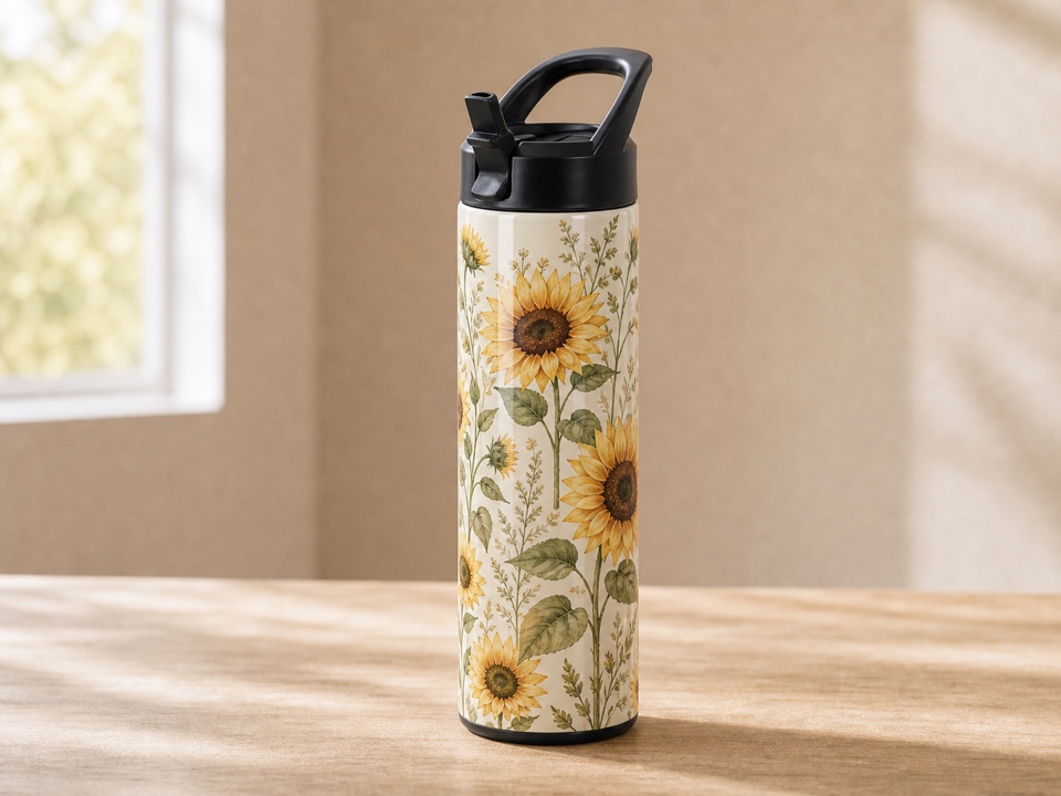 20 oz straight water bottle with sunflower botanical wrap